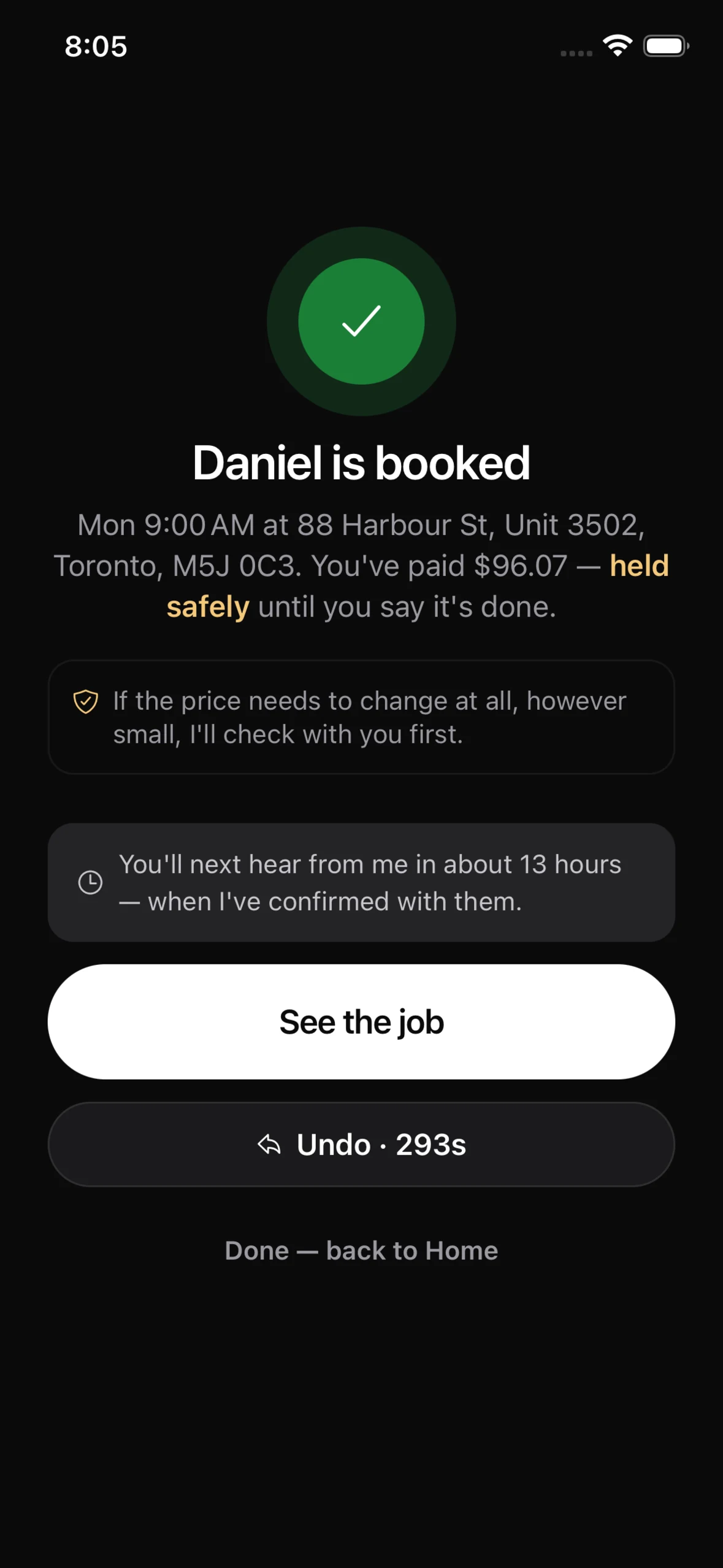 A confirmed booking: Daniel is booked for Monday at 9am, with the money held safely until the job is signed off