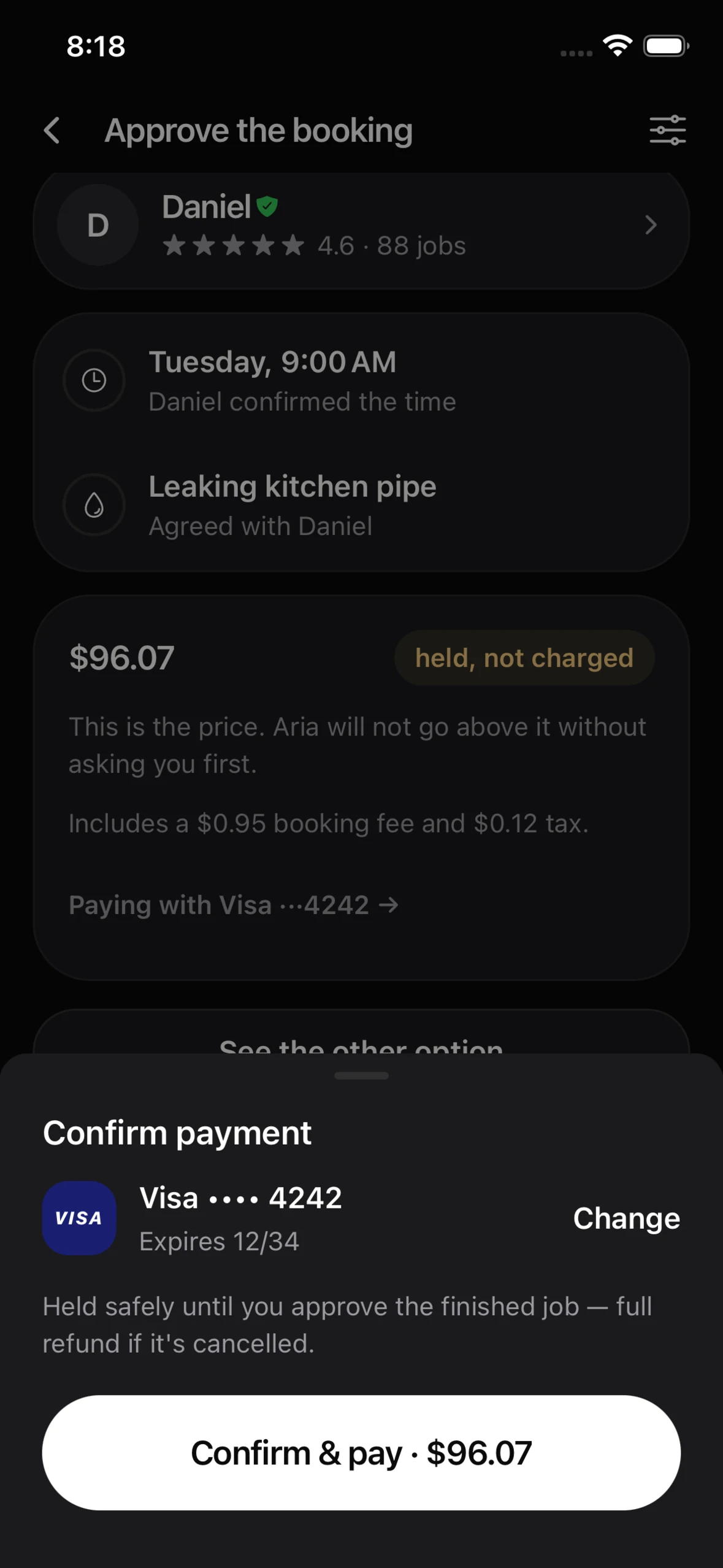 A booking waiting to be approved — the total marked held, not charged, with the worker and time already confirmed
