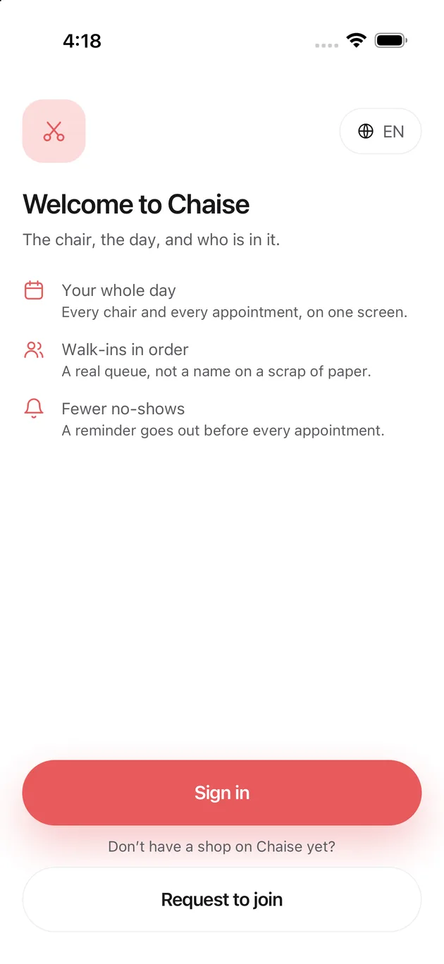 The Chaise app on iPhone: the welcome screen