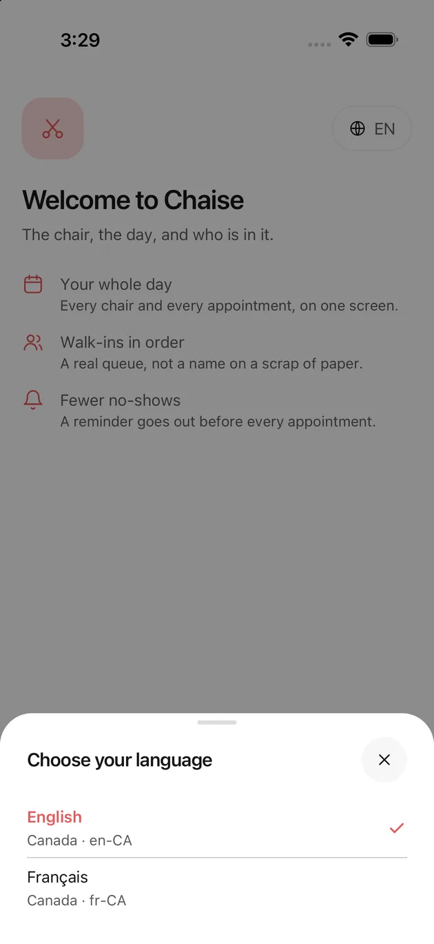 The Chaise app on iPhone: choosing your language