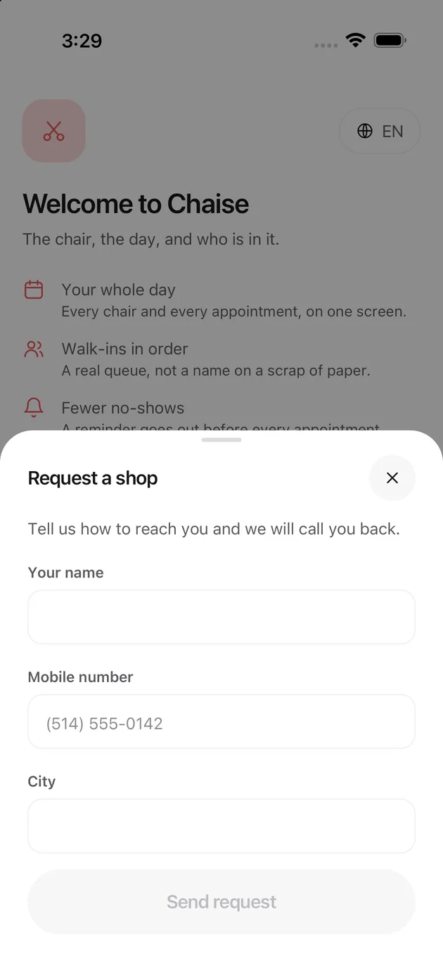 The Chaise app on iPhone: asking for a shop