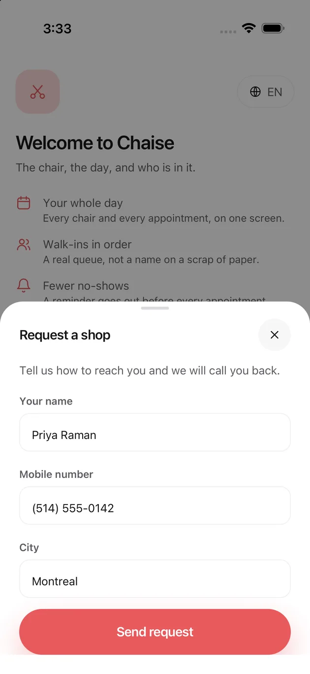 The Chaise app on iPhone: filling the request in