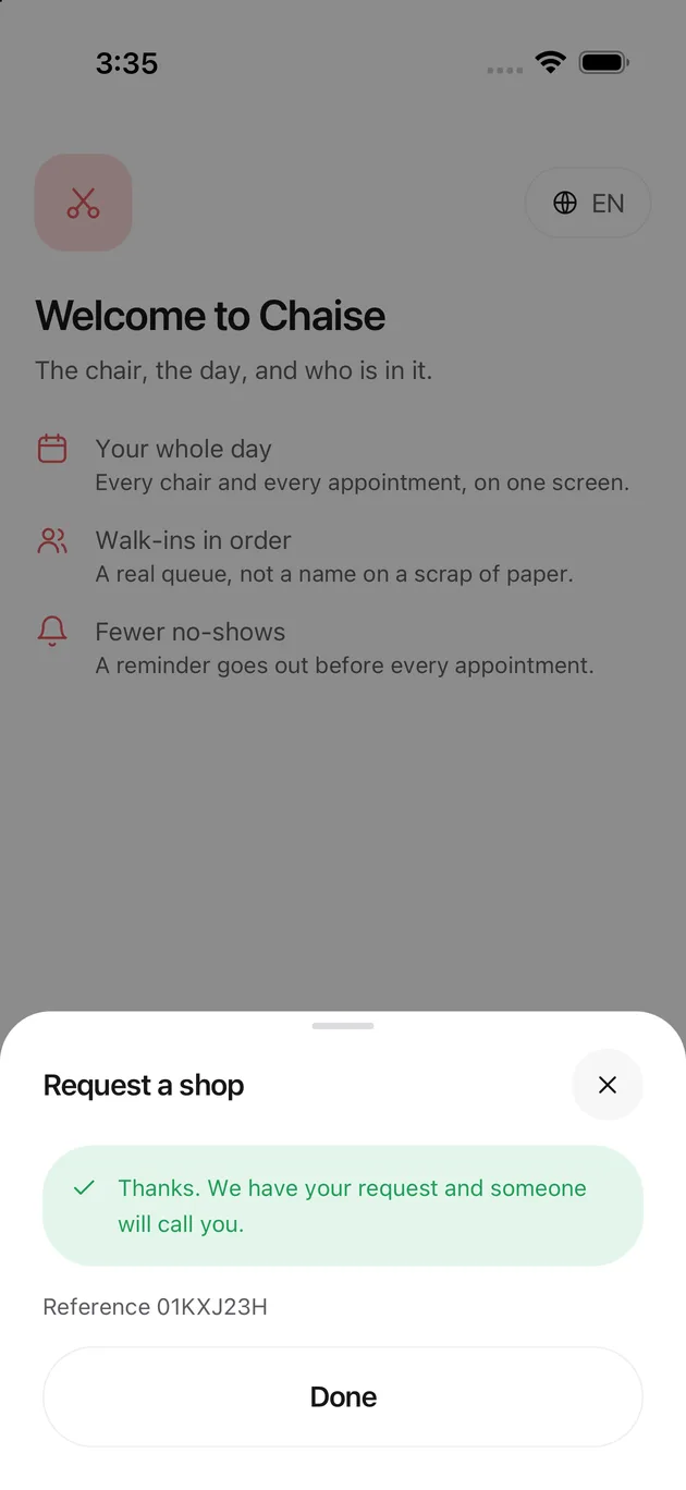 The Chaise app on iPhone: the request went