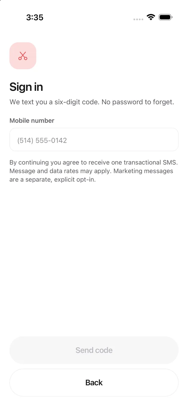 The Chaise app on iPhone: put your number in
