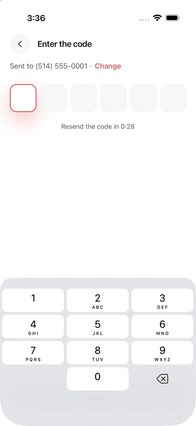 The Chaise app on iPhone: the six-digit code