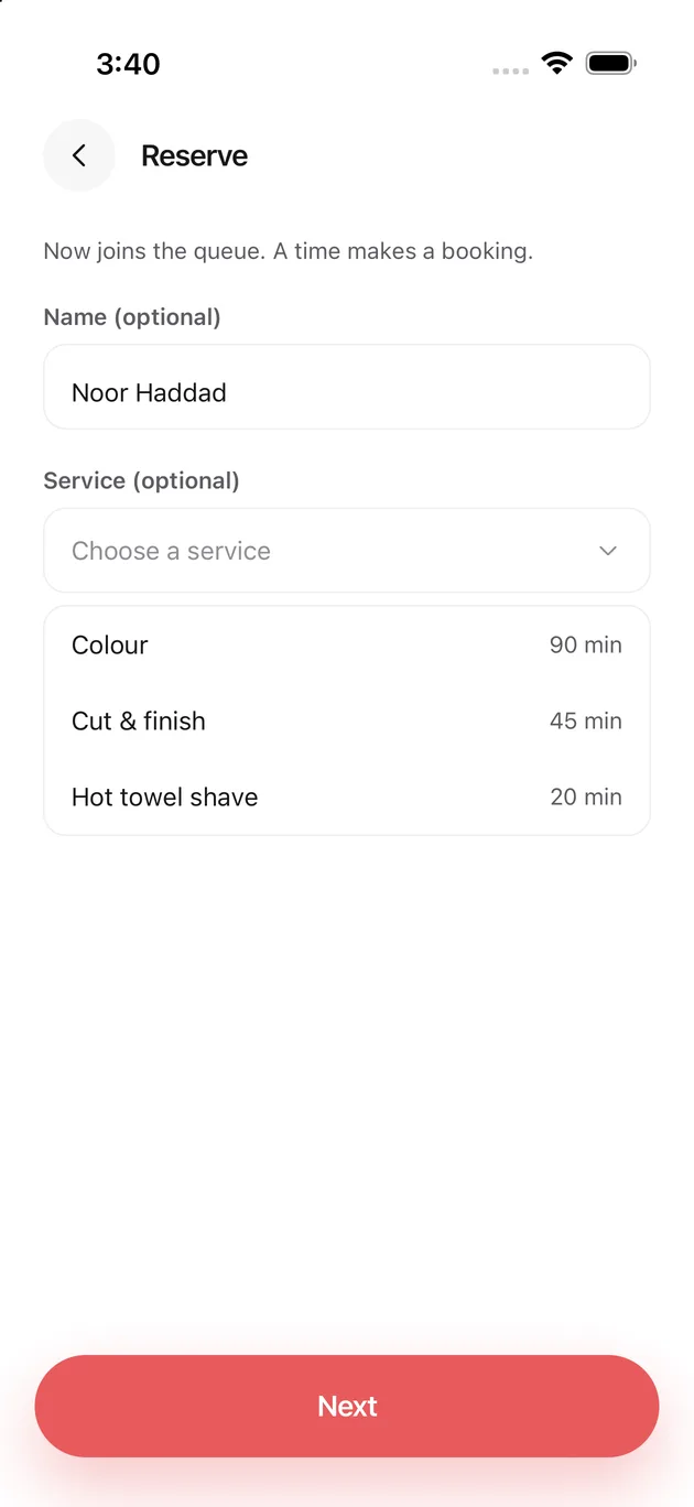 The Chaise app on iPhone: pick the service
