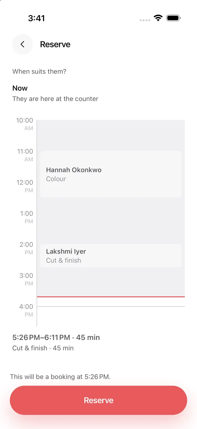 The Chaise app on iPhone: tap the time you want