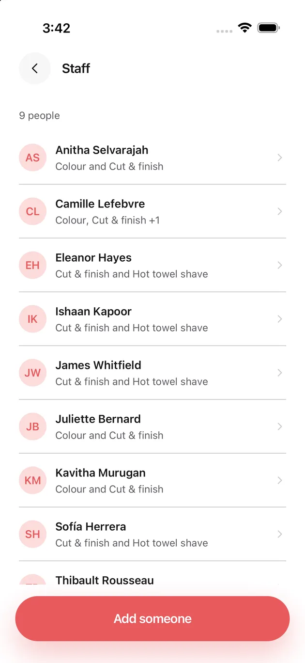 The Chaise app on iPhone: open staff