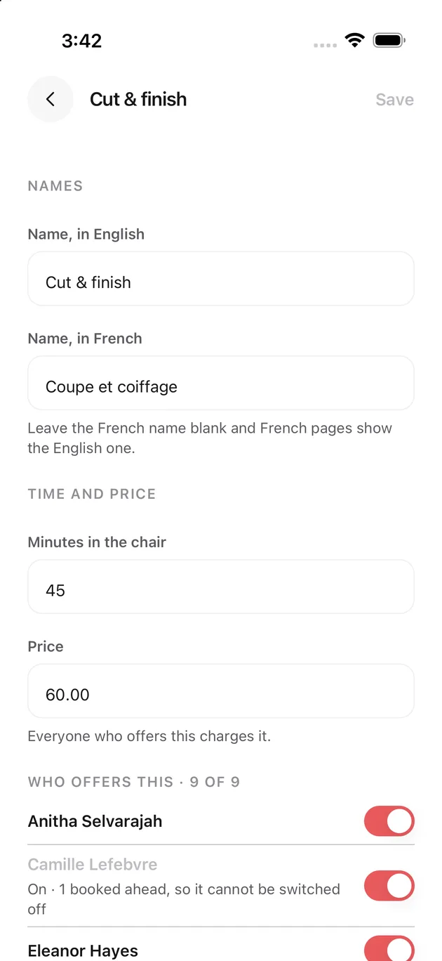 The Chaise app on iPhone: change a service