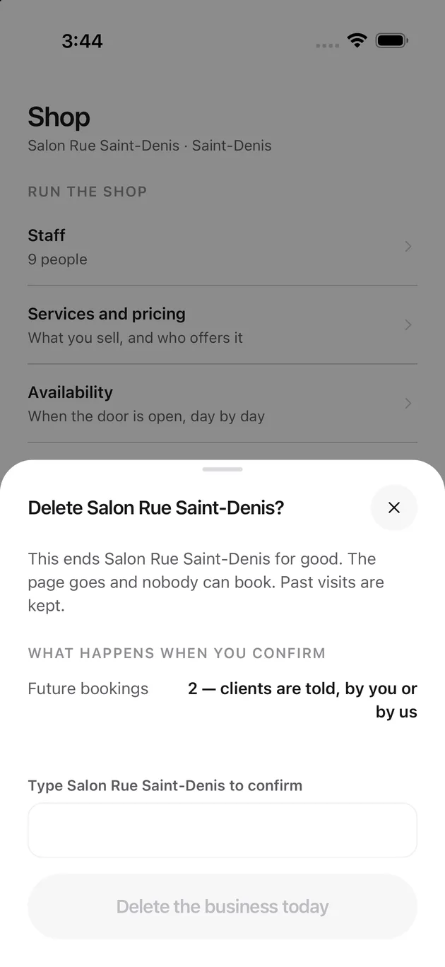 The Chaise app on iPhone: deleting the business