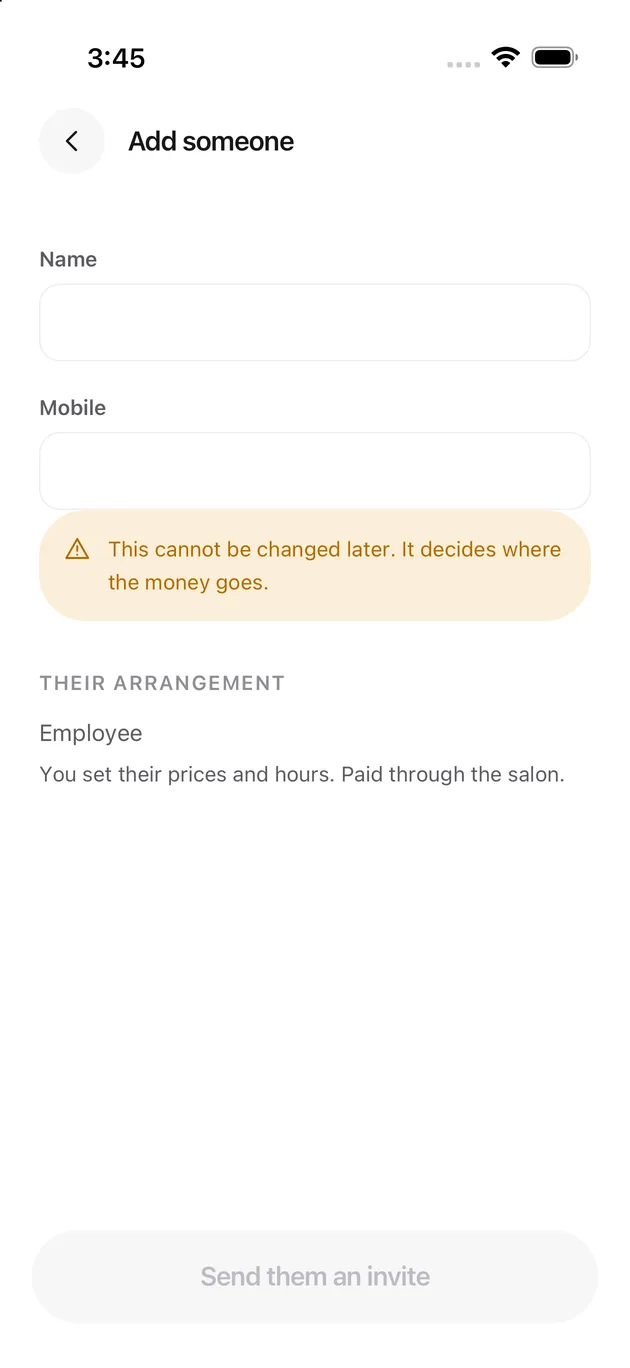 The Chaise app on iPhone: a name and a mobile number