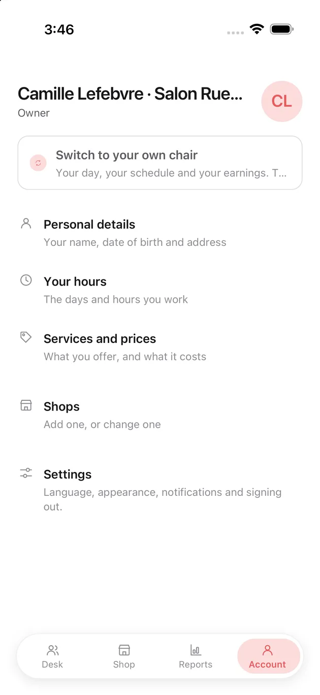 The Chaise app on iPhone: the account tab