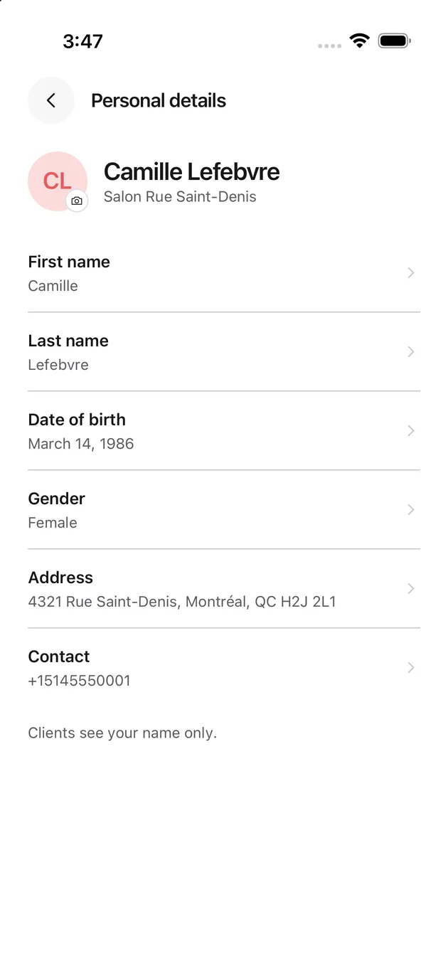 The Chaise app on iPhone: personal details