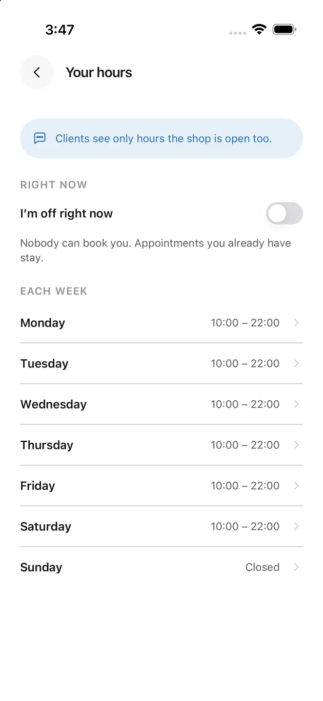 The Chaise app on iPhone: open your hours