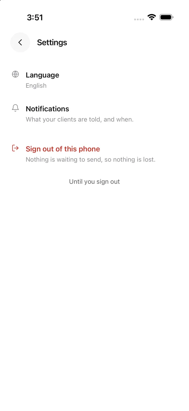 The Chaise app on iPhone: settings