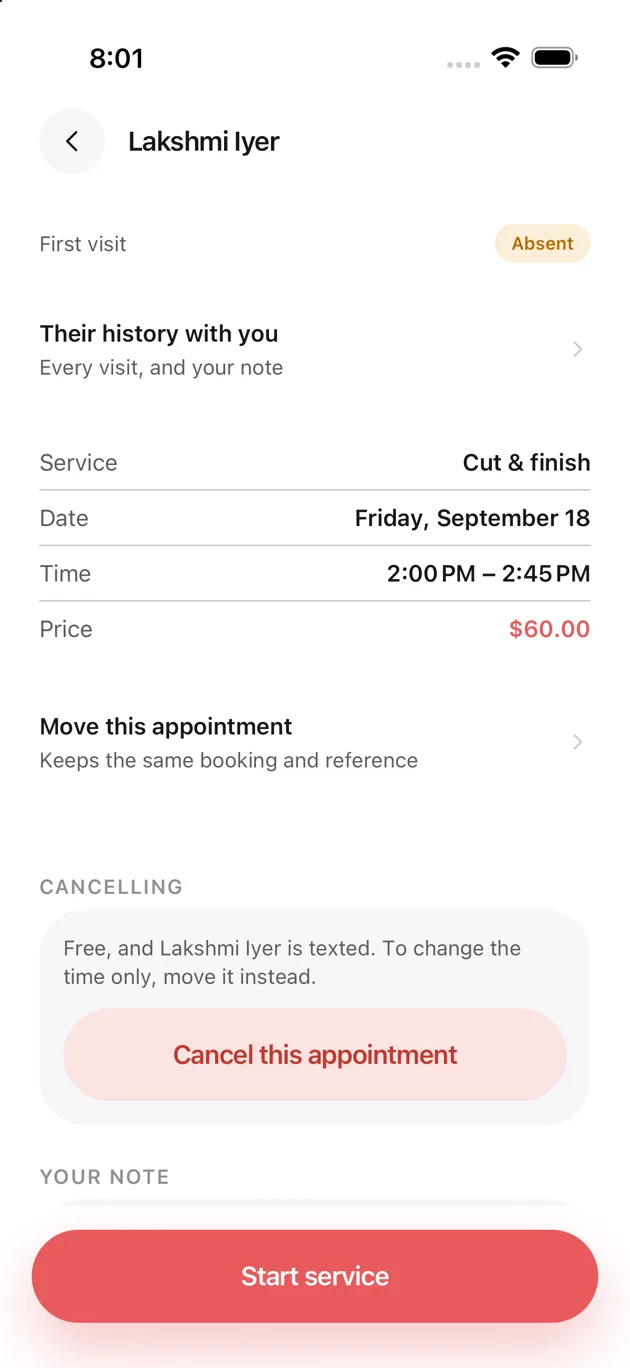The Chaise app on iPhone: the appointment