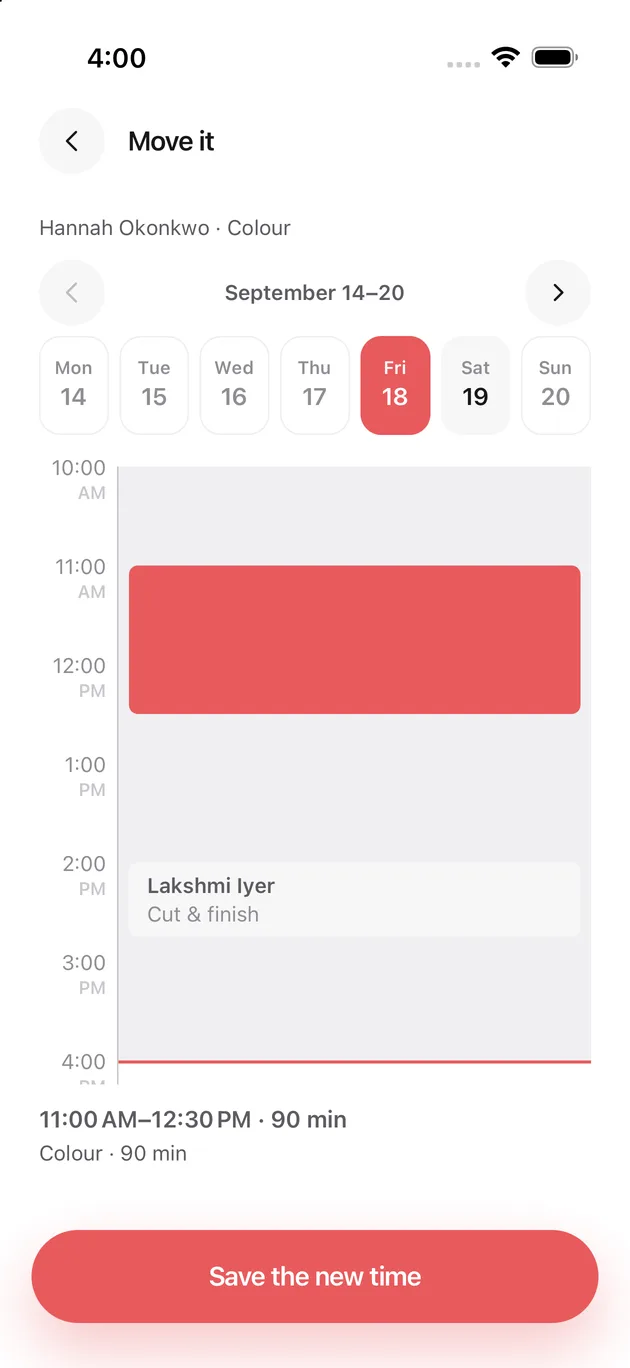 The Chaise app on iPhone: pick a new time