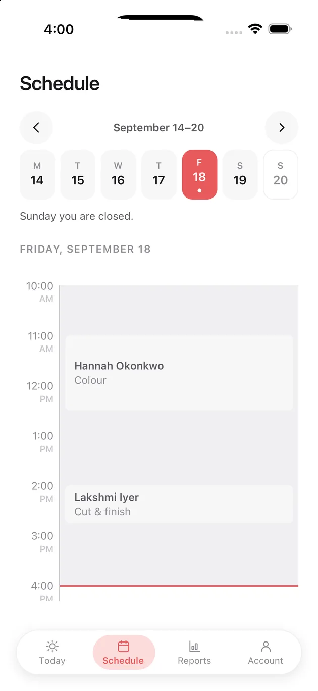 The Chaise app on iPhone: schedule