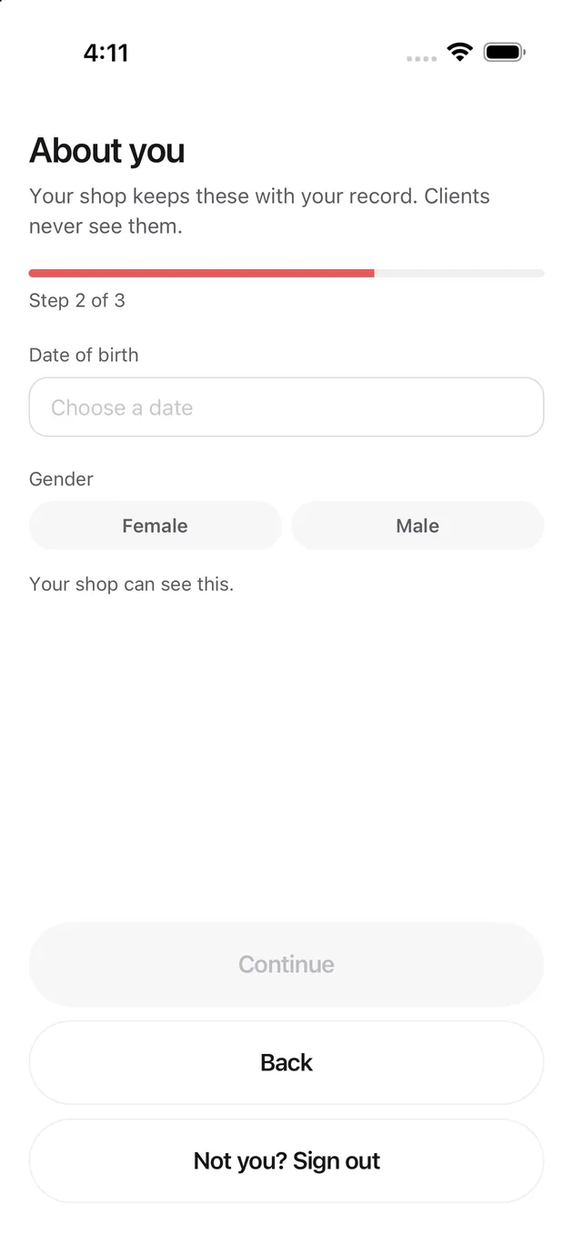 The Chaise app on iPhone: first sign-in: about you