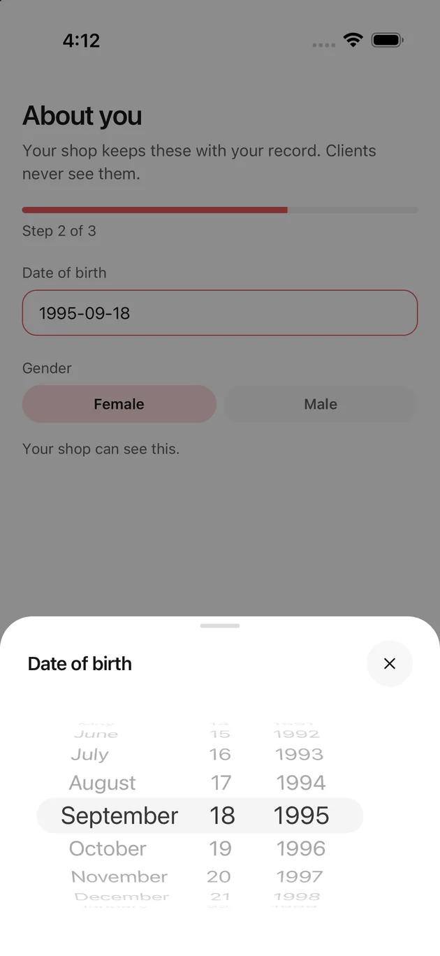 The Chaise app on iPhone: picking a date of birth