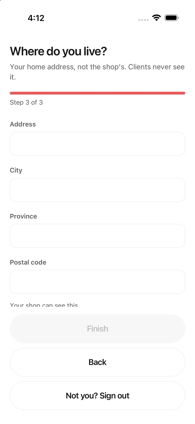 The Chaise app on iPhone: first sign-in: where you live