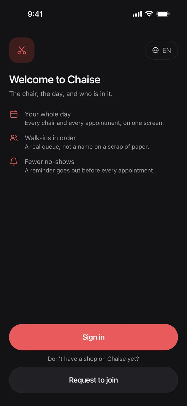 The Chaise app on iPhone: the welcome screen