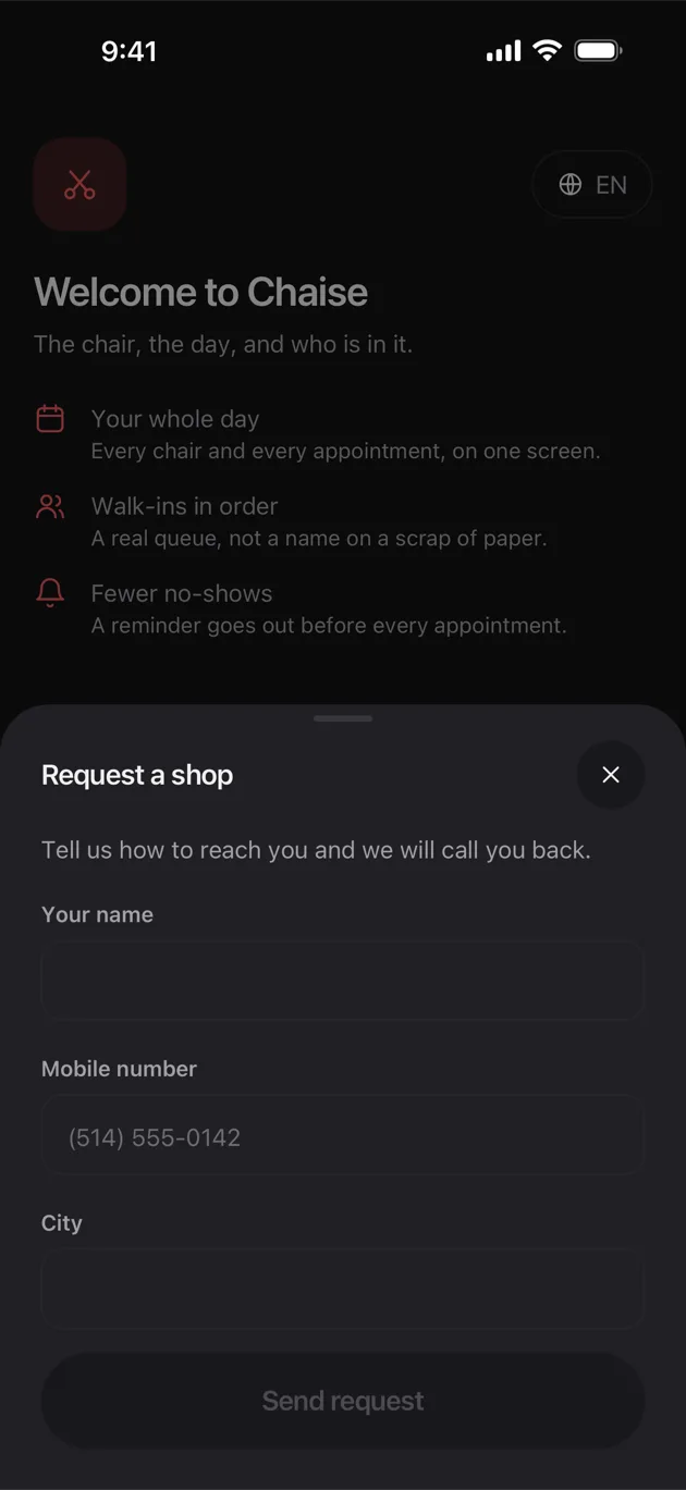 The Chaise app on iPhone: asking for a shop