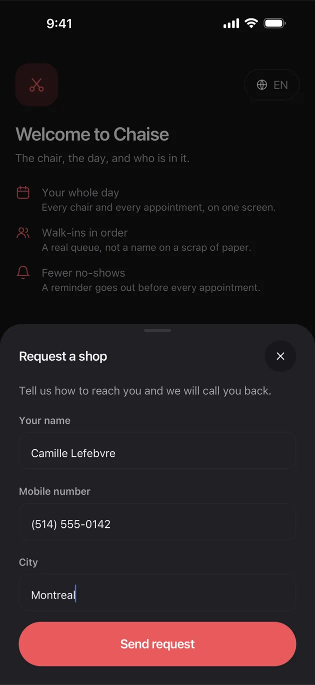 The Chaise app on iPhone: filling the request in