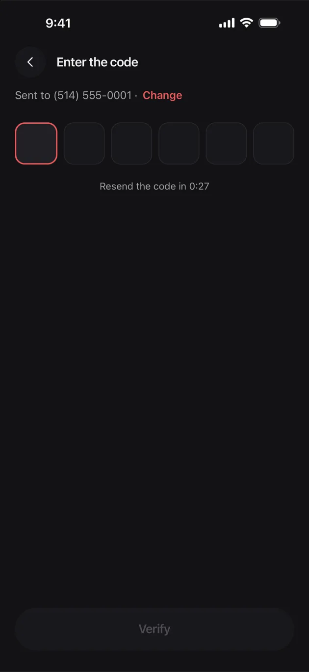The Chaise app on iPhone: the six-digit code