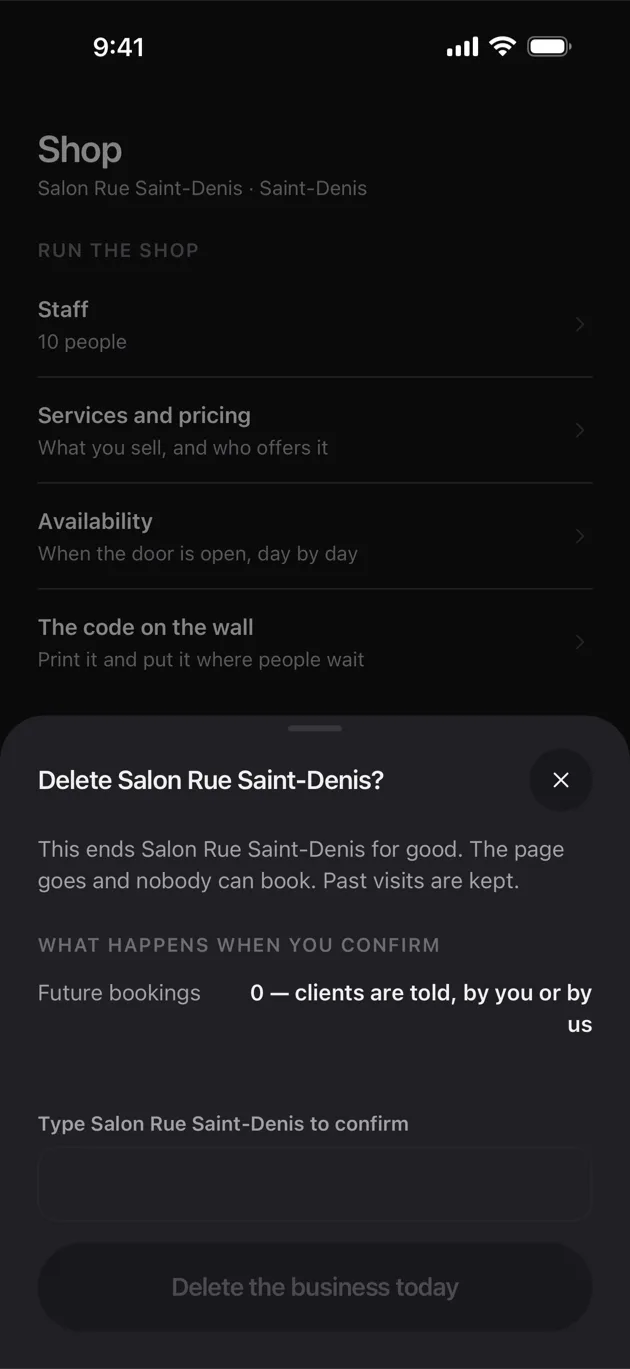 The Chaise app on iPhone: deleting the business