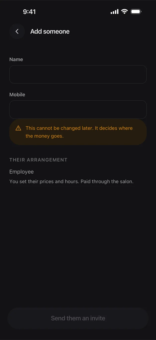 The Chaise app on iPhone: a name and a mobile number