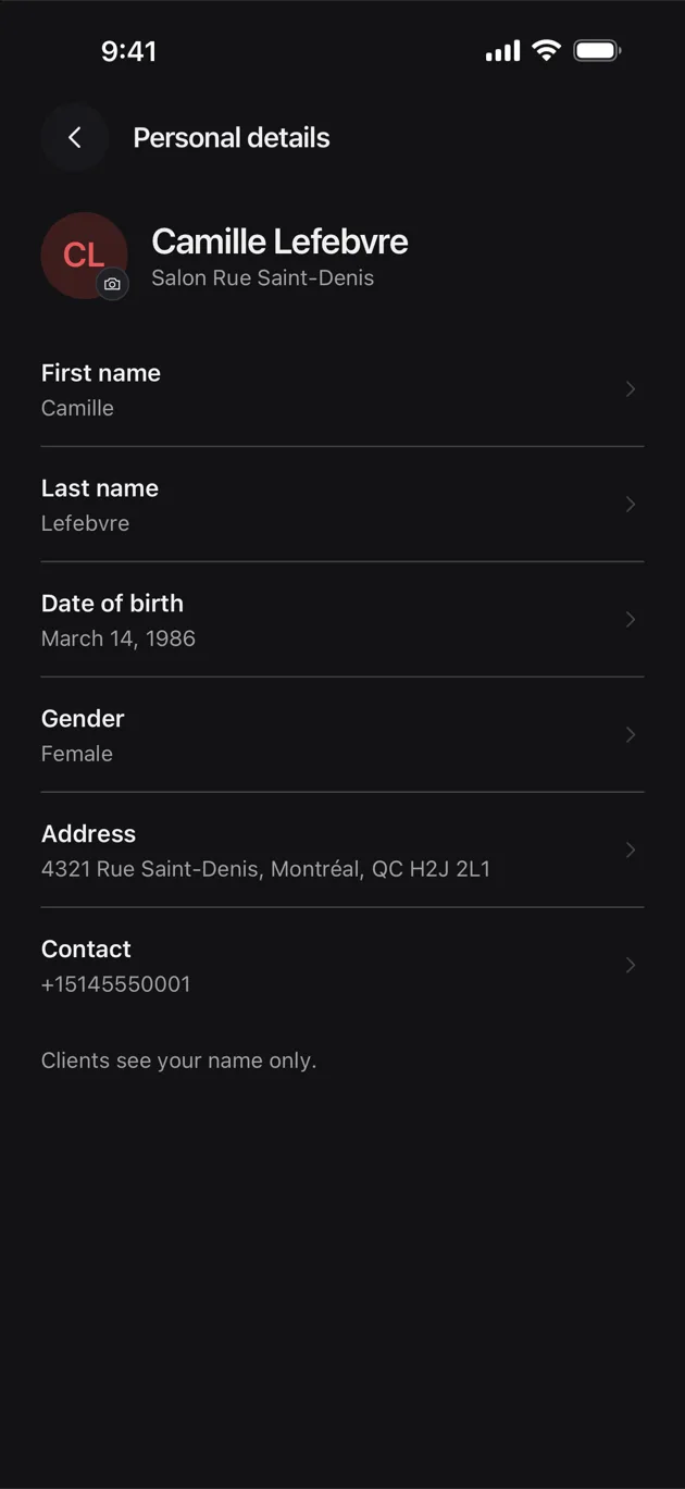 The Chaise app on iPhone: personal details