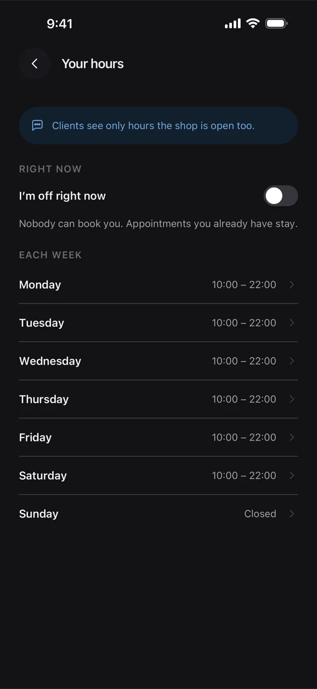 The Chaise app on iPhone: open your hours