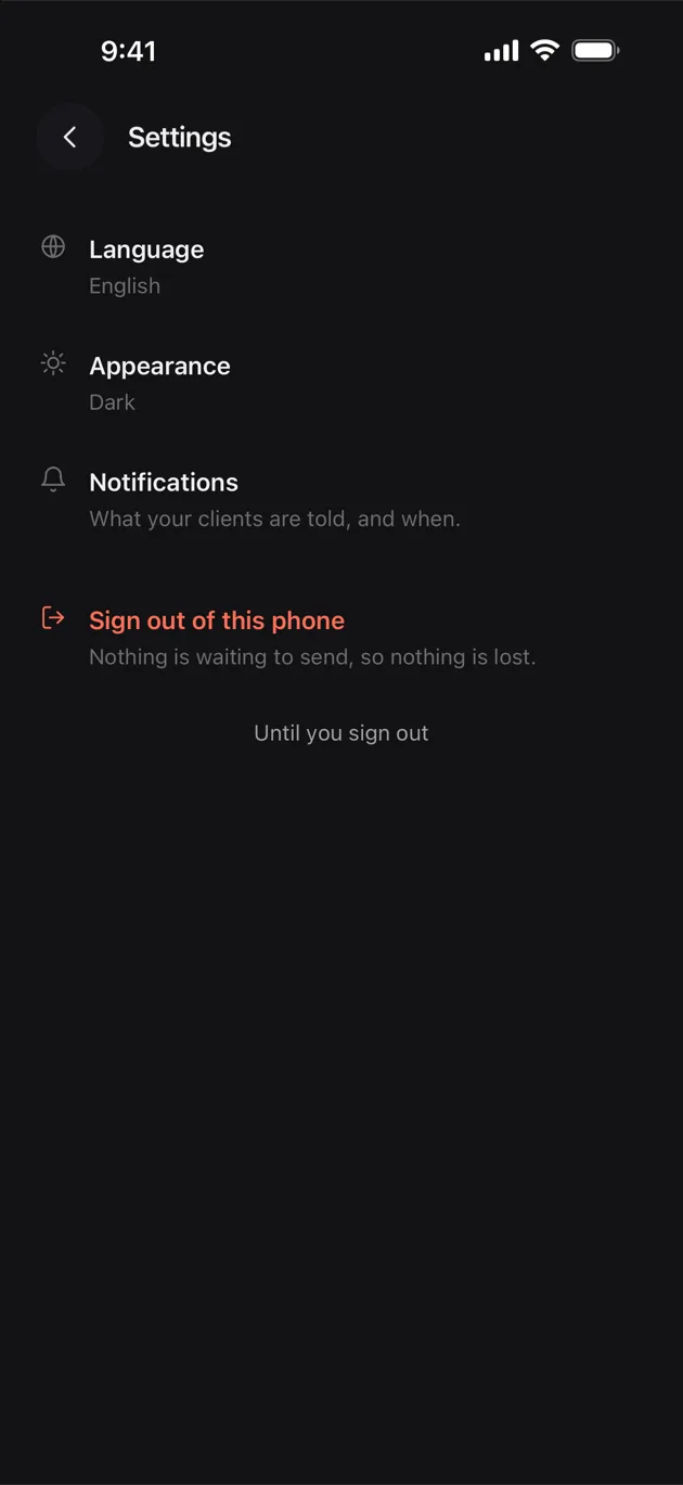 The Chaise app on iPhone: settings