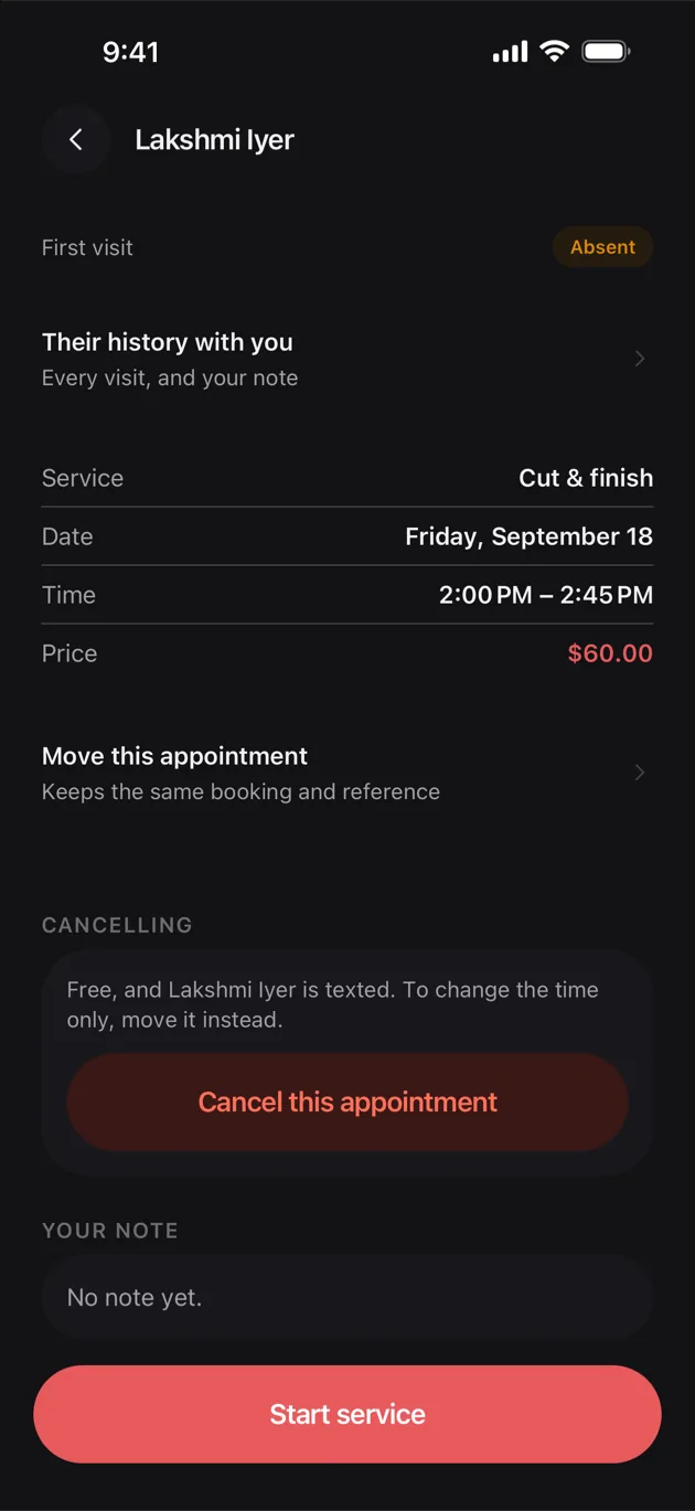The Chaise app on iPhone: the appointment