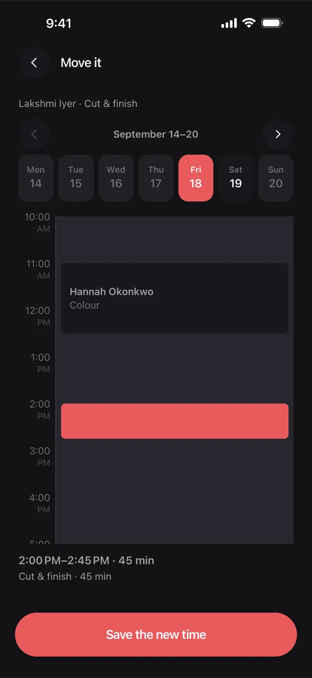 The Chaise app on iPhone: pick a new time