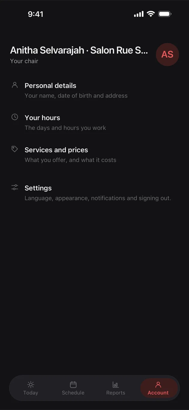 The Chaise app on iPhone: your account