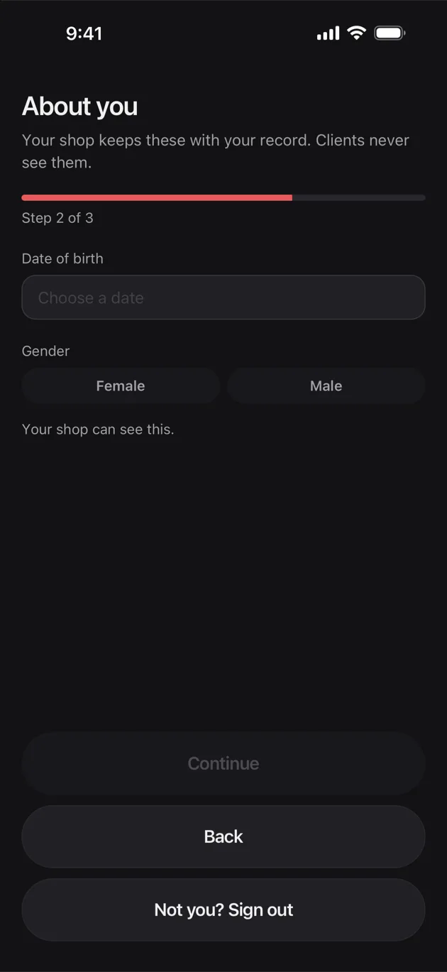 The Chaise app on iPhone: first sign-in: about you