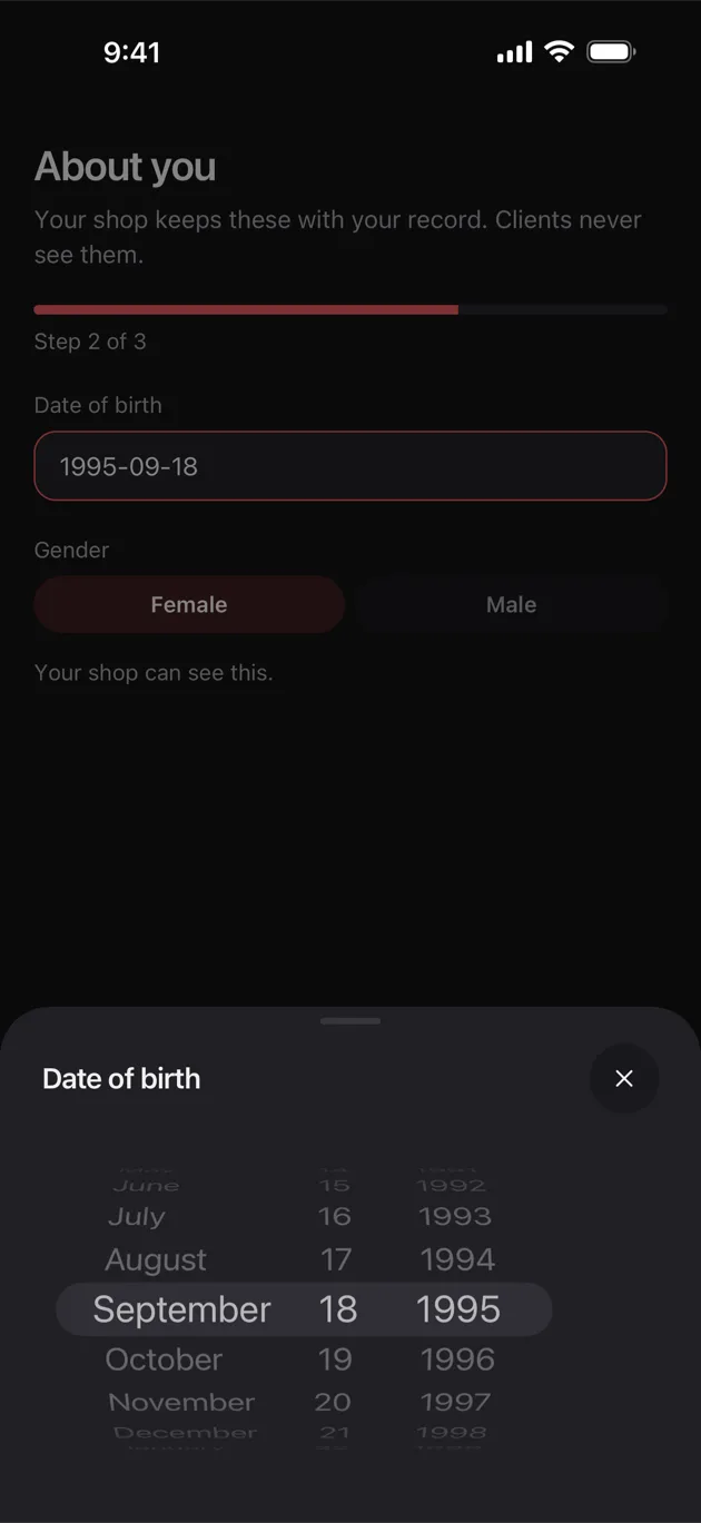 The Chaise app on iPhone: picking a date of birth