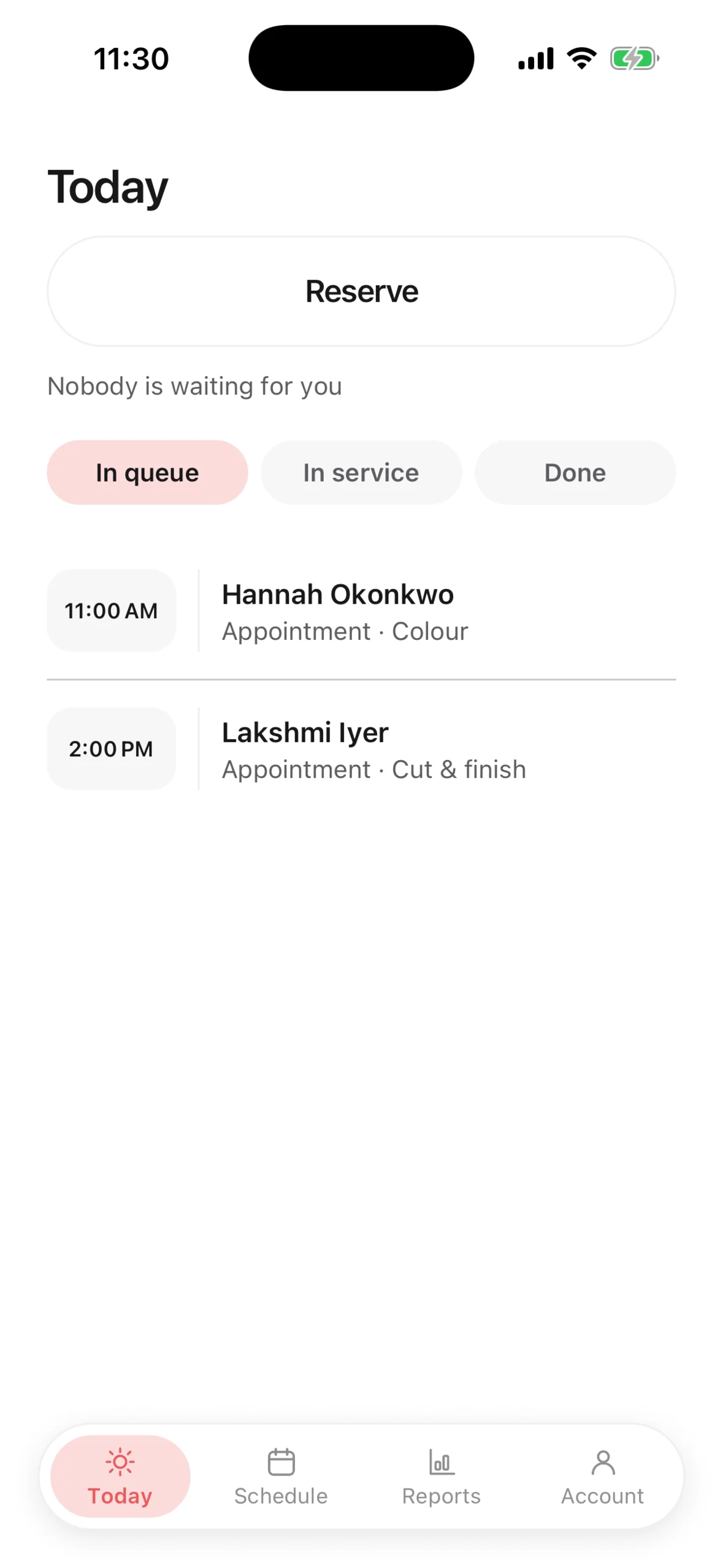 The Chaise day view on iPhone: who is coming, when, and what they booked
