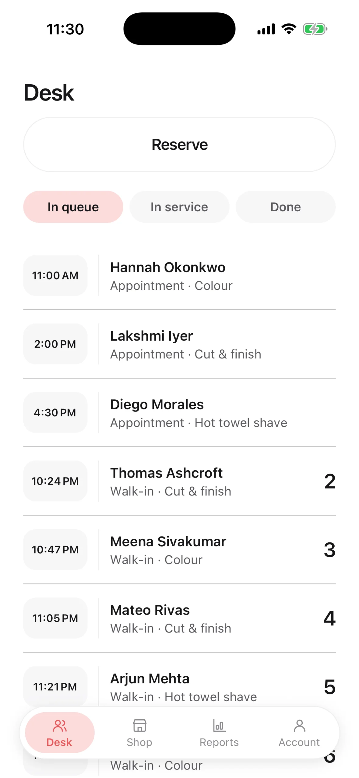 The Chaise desk on iPhone: the day's appointments and the walk-in queue in one list, each with the service asked for