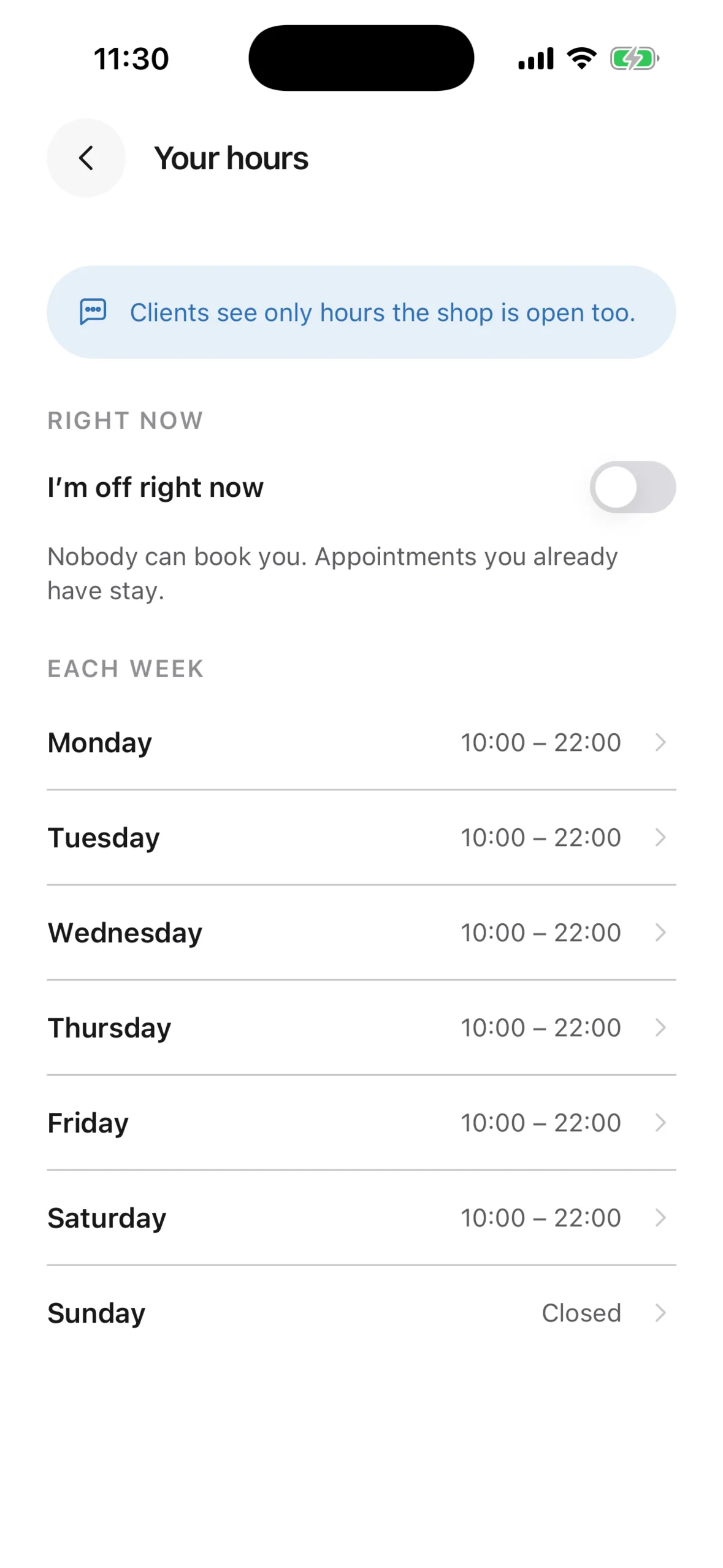A stylist's working week in Chaise on iPhone, set within the shop's opening hours