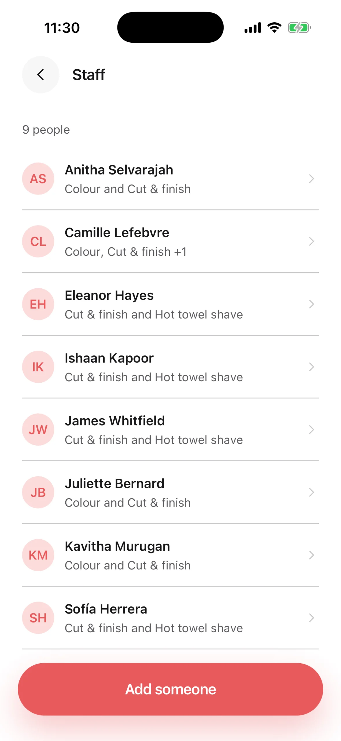 The owner's view in Chaise on iPhone: the whole team, and which services each person offers
