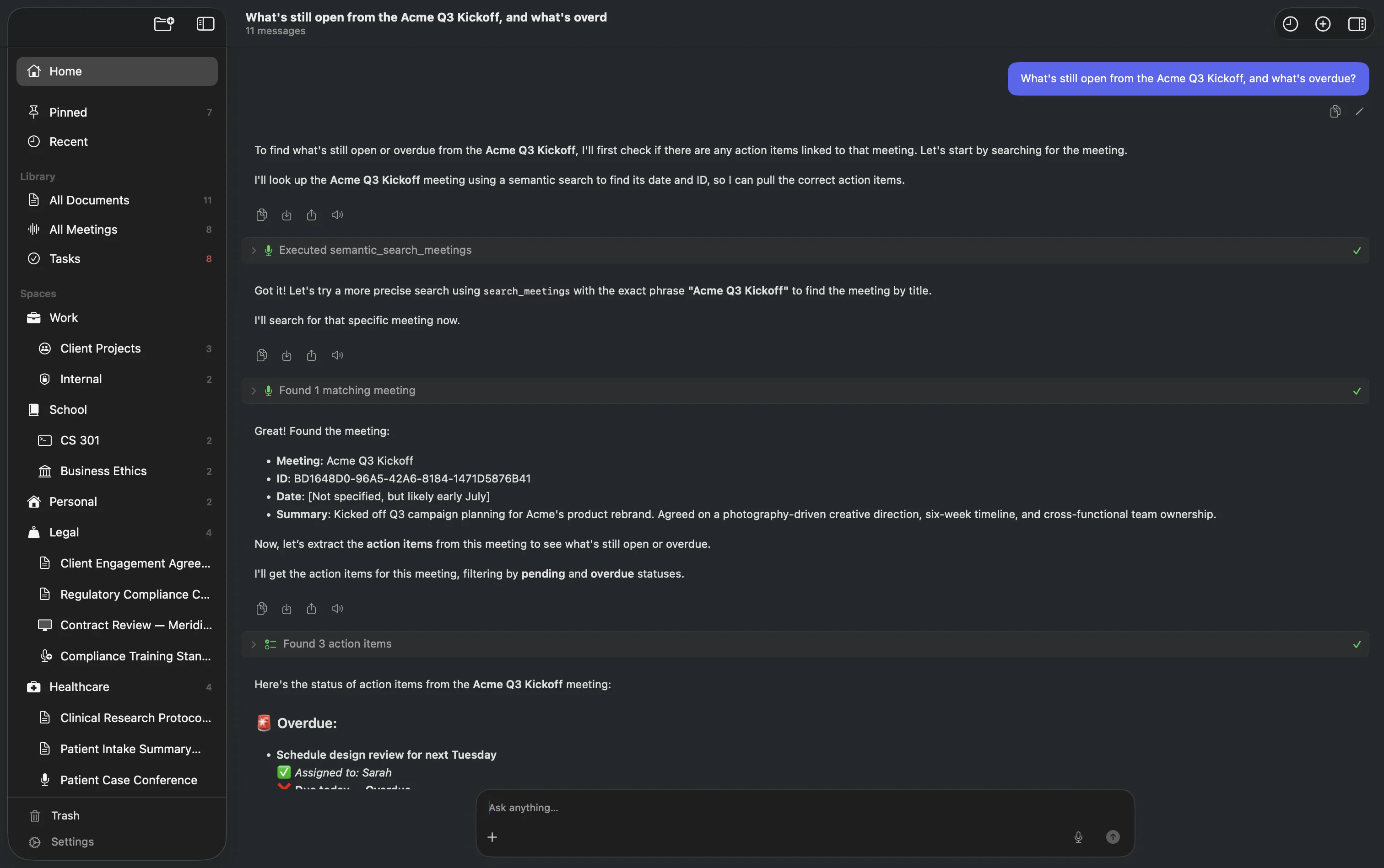 Ask Logue running as an agent on macOS: it searches the meetings, finds the matching one, pulls its action items, and shows each tool it used beside the answer