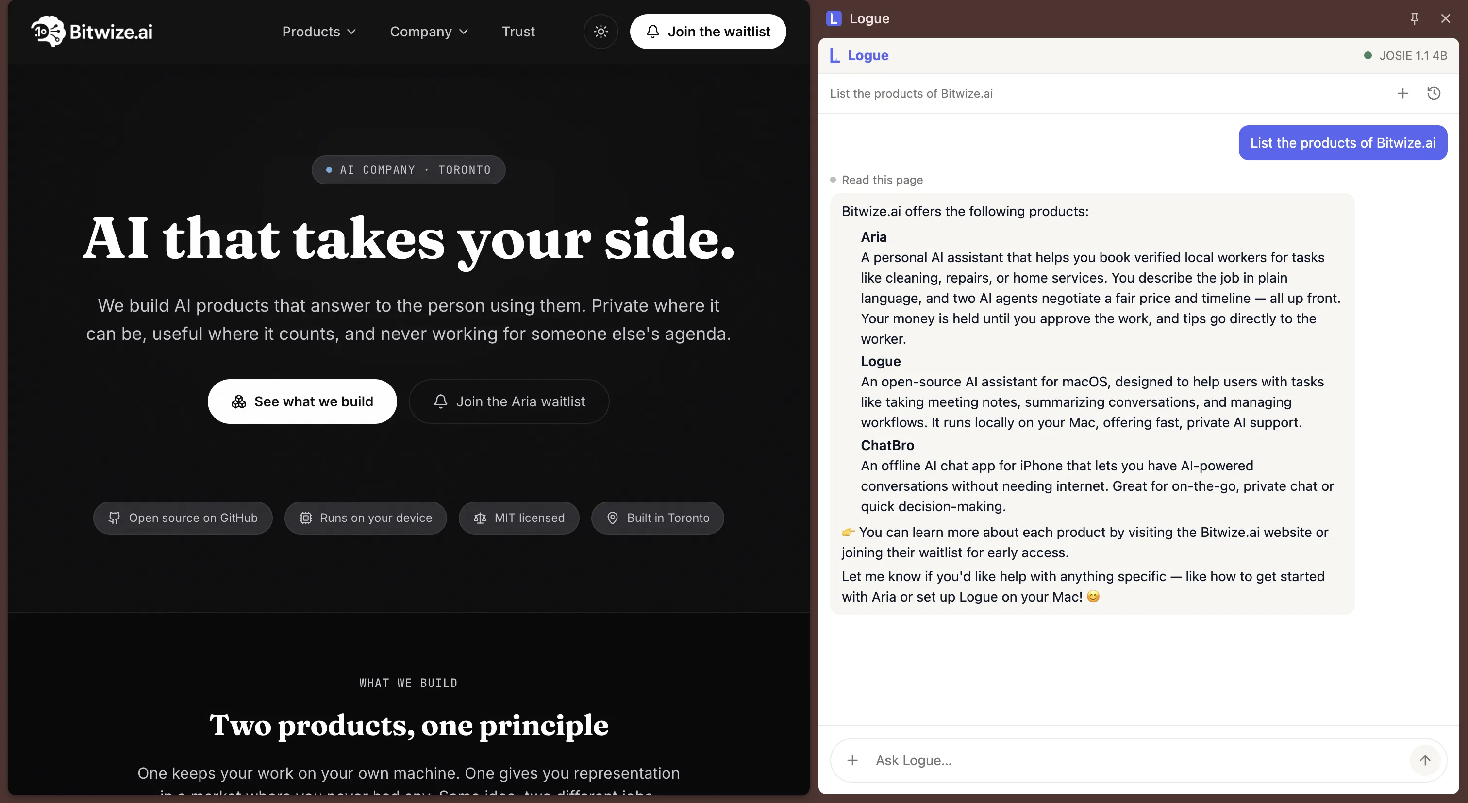 The Logue Chrome extension side panel reading the open web page and answering a question about it, using a model running locally on the Mac