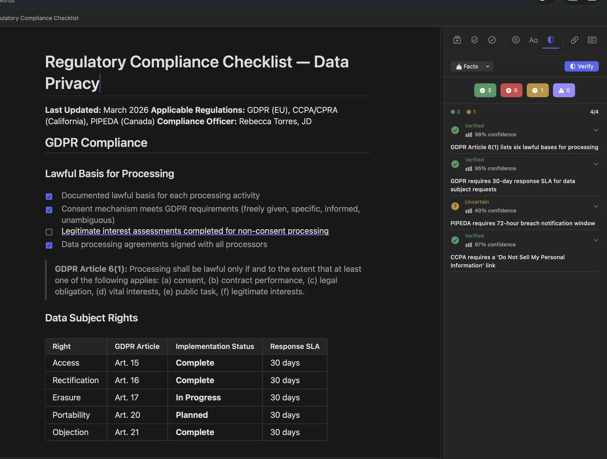 Logue's offline AI writing assistant fact-checking a legal compliance document on a Mac