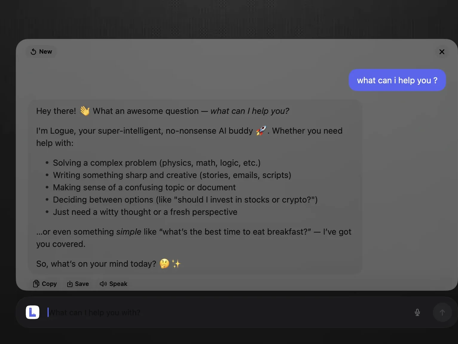 The Logue floating panel open over another app on macOS, answering a question in place with the ask bar sitting under it