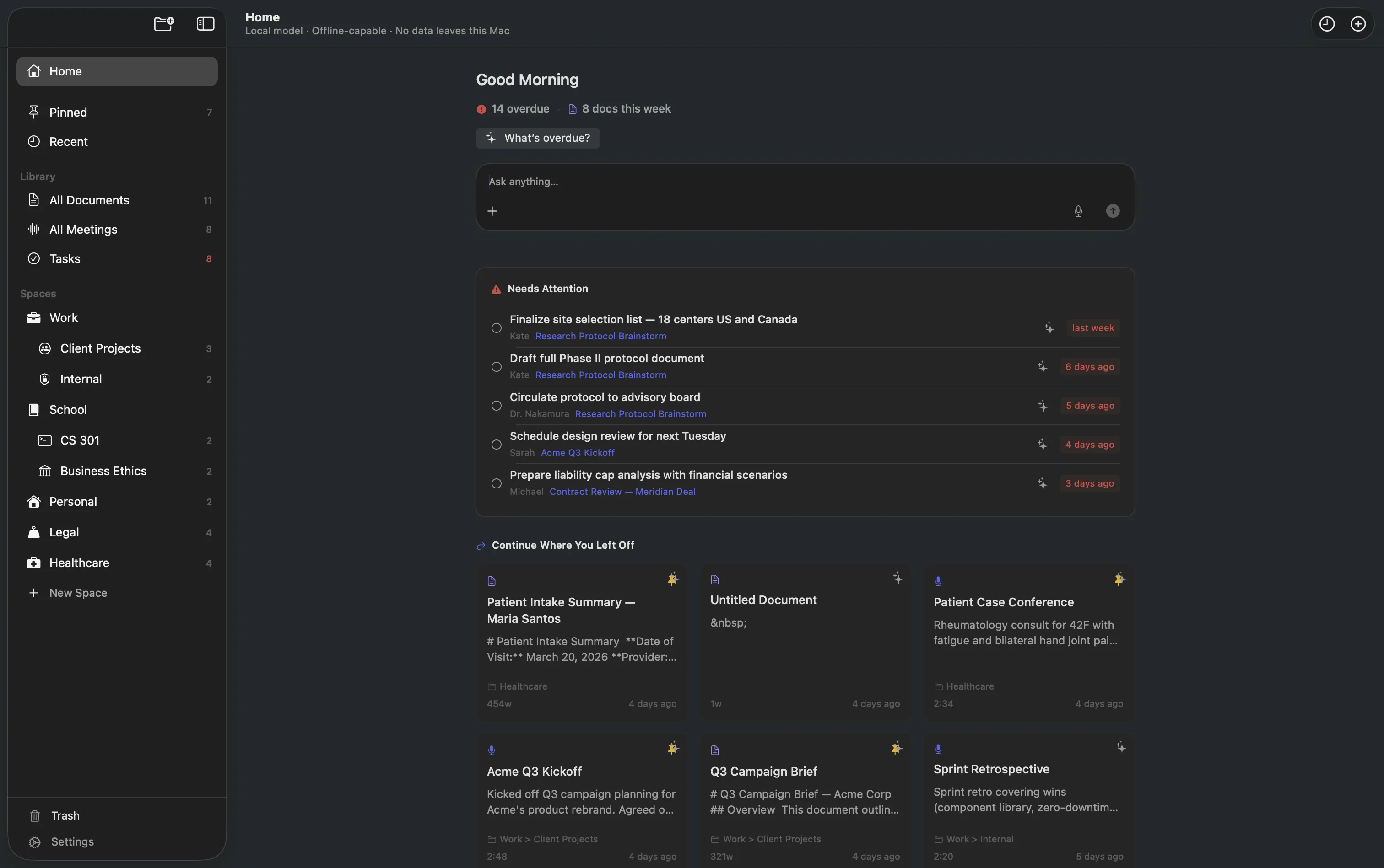 The Logue workspace on macOS: spaces of documents in the sidebar, alongside recent meetings and the tasks pulled out of them