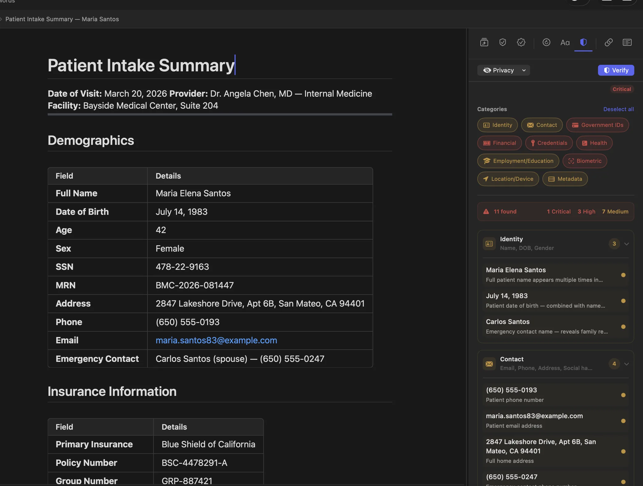 Logue on-device PII detection flagging patient SSN, address and phone number in a transcript on a Mac
