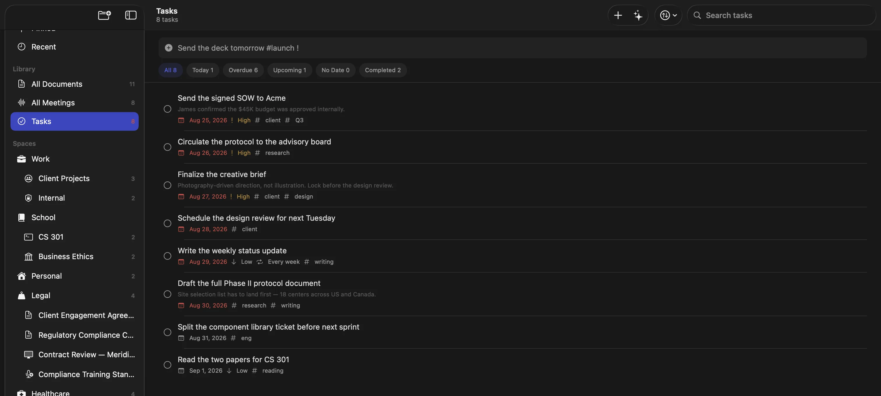 The Logue task list on macOS showing overdue, today and upcoming tasks with due dates, priorities, tags and a weekly repeat, above a bar that files a task typed in plain language